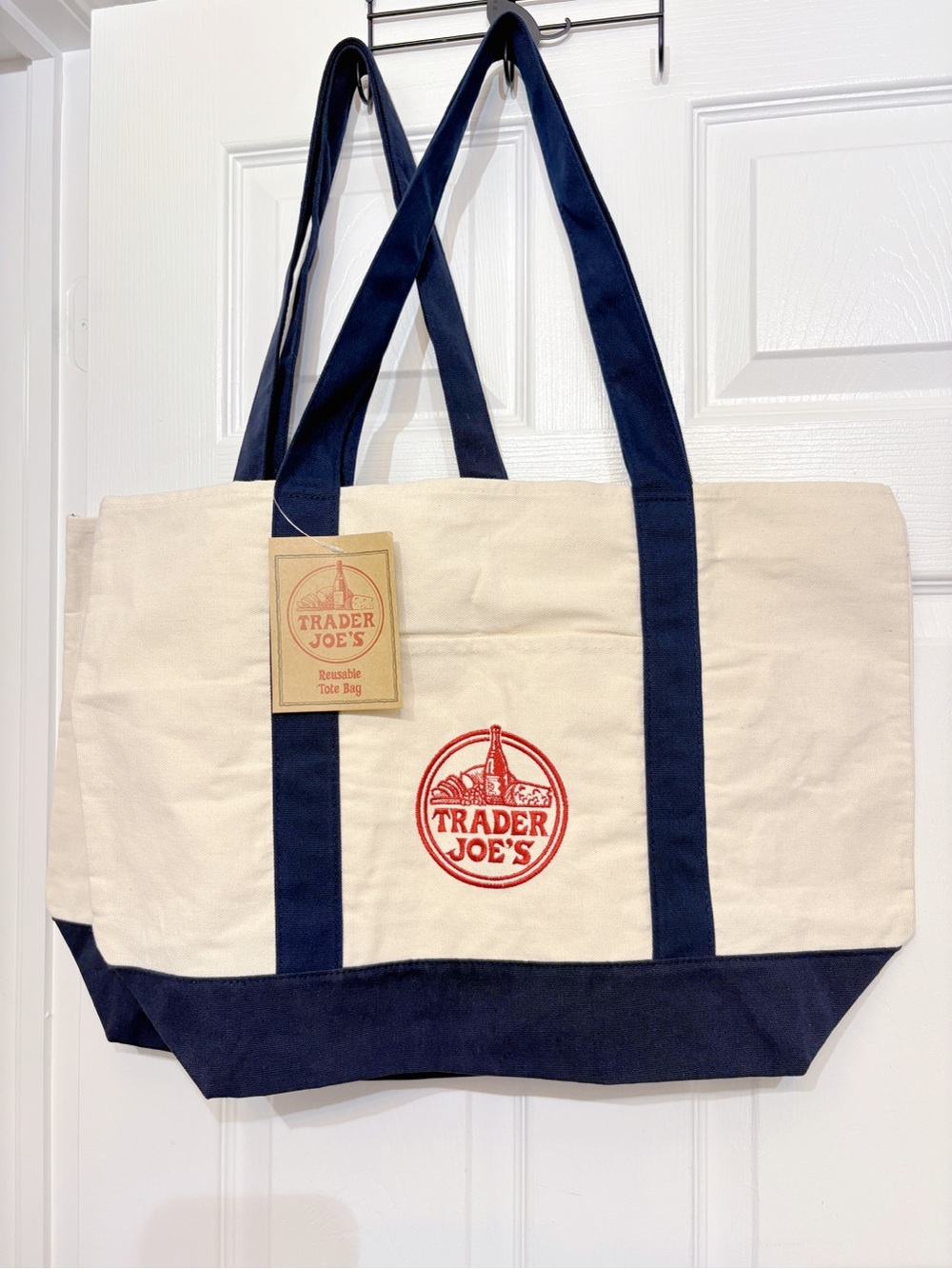 Trader Joe's Set of 2 Large Reusable Canvas Tote Bag Off White & Navy Blue